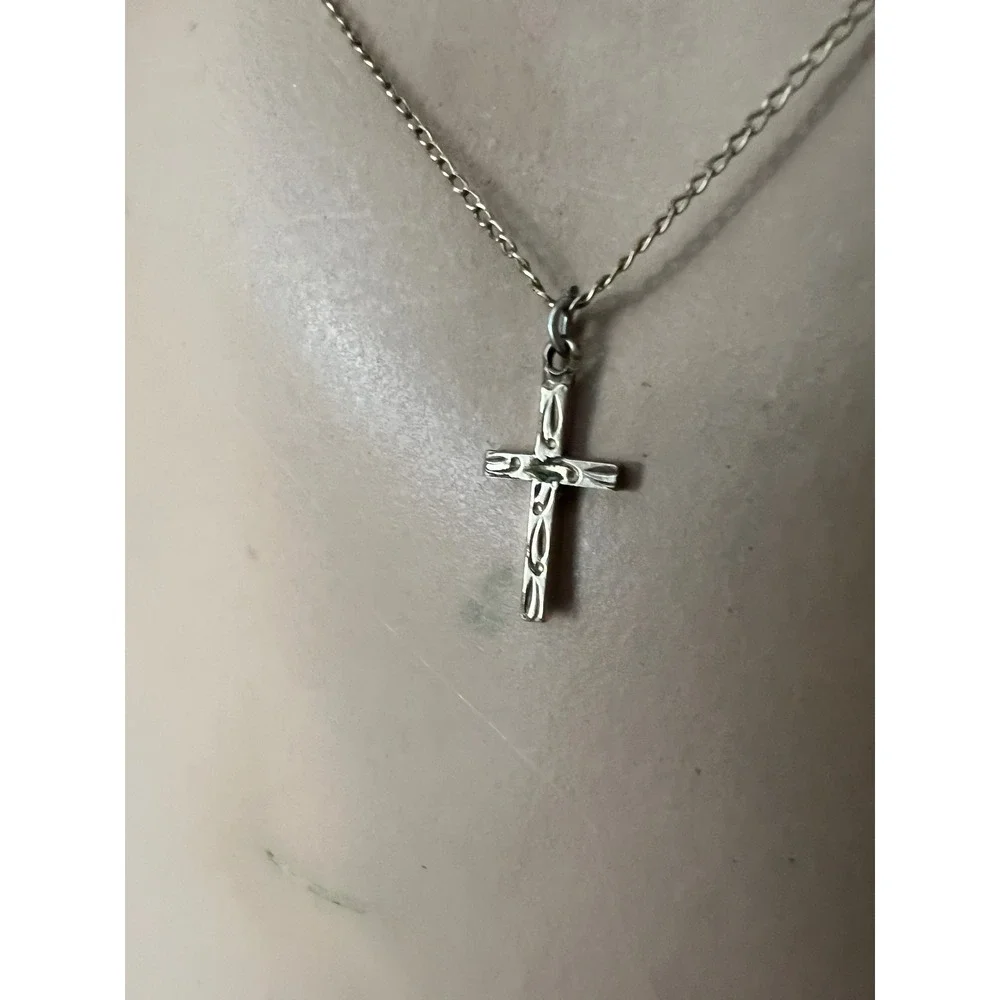 Vintage 1/20 GF Etched Two Sided Cross Pendant Necklace Baby/Child  Christening